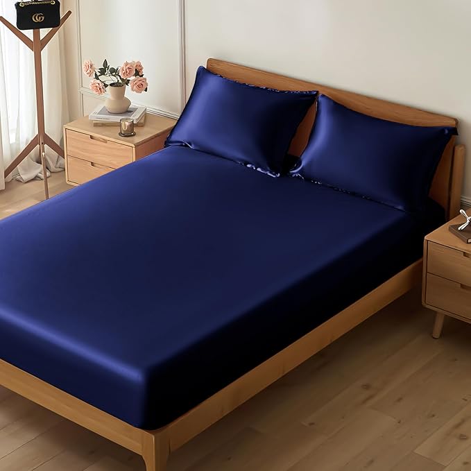 Satin Fitted Sheet Navy Blue